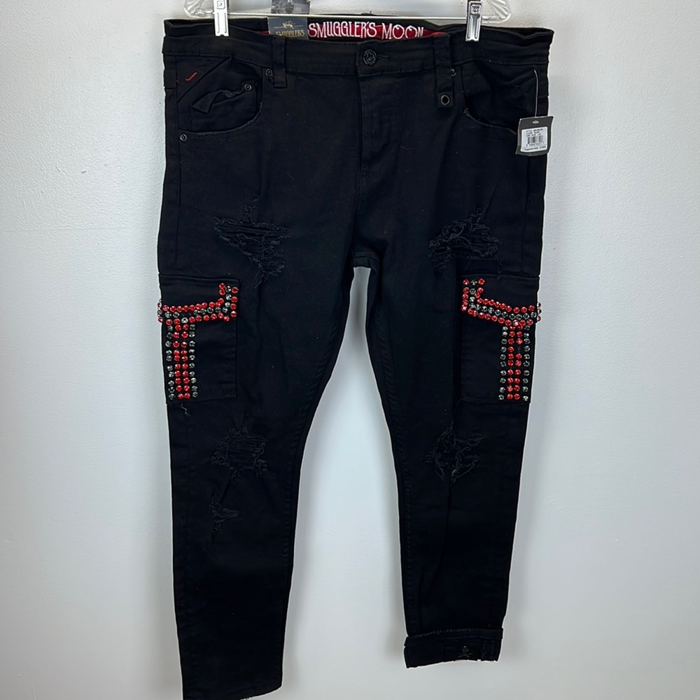 ⭐️NWT Smuggler’s Moon rhinestone distressed grunge jeans size 40x33 black red